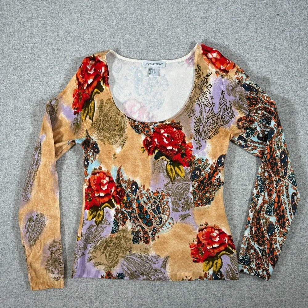 Vintage Y2K Newport News‎ Womens Top Sweater Medium Floral Scoop Neck Sequin - Picture 14 of 14